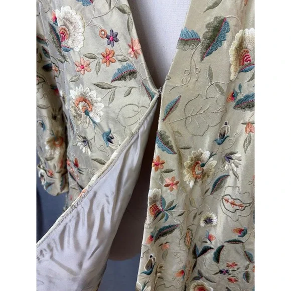 Embroidered Kimono Jacket Beige Floral Open Front Belted Women's M Bohemian - Picture 5 of 13